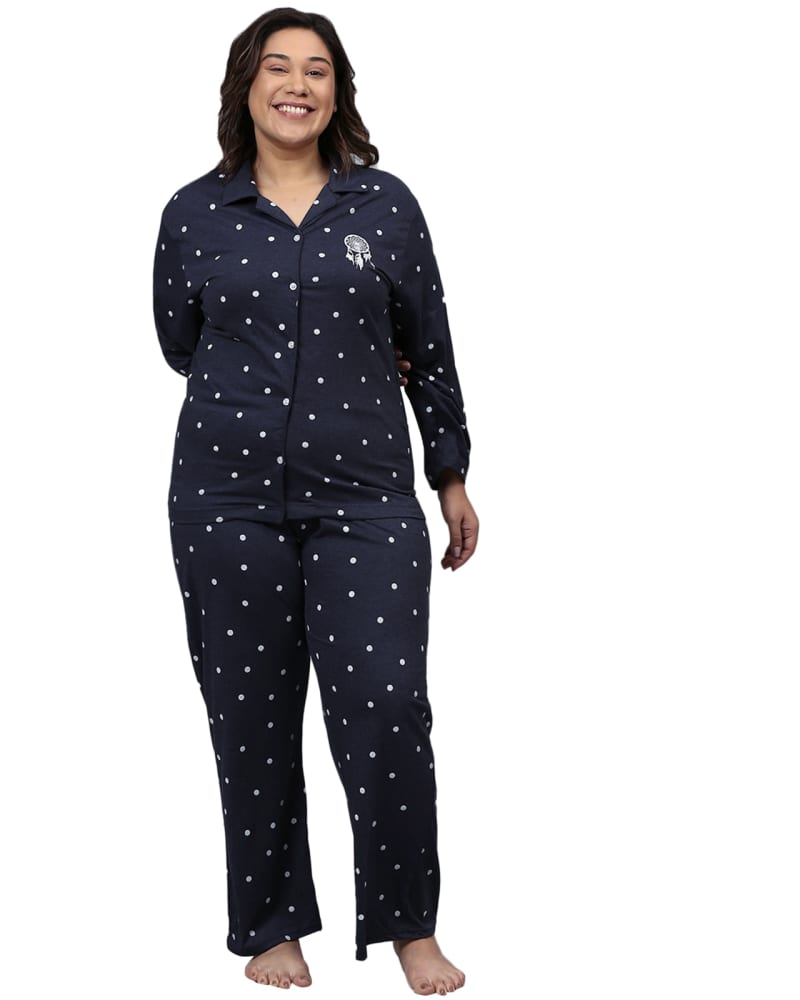 Front of a model wearing a size 3XL Polka Dots Nightsuit in Azure Blue by Instafab Plus. | dia_product_style_image_id:258349
